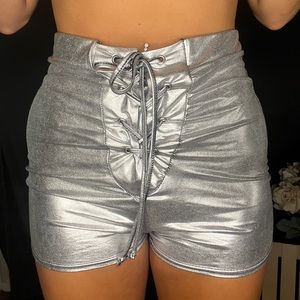 PrettylittleThings Metalic Silver high waisted shorts festival wear